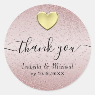 Sticker Rond Parties scintillant rose et coeur d'or - Merci