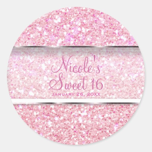 Sticker Rond Parties scintillant rose étincelle Glam Sweet 16 P (Devant)