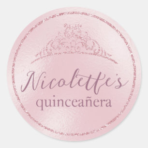 Sticker Rond Parties scintillant rose glamour Tiara Quinceañera