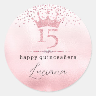 Sticker Rond Parties scintillant rose glamour Tiara Quinceañera