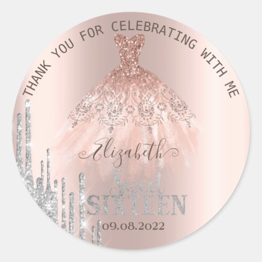 Sticker Rond Parties scintillant  Rose Gold Robe Sweet 16 (Devant)