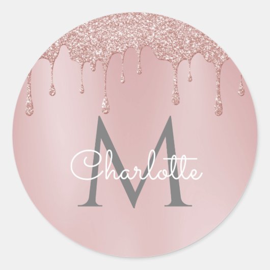 Sticker Rond Parties scintillant rose gouttes Monogramme Élégan (Devant)