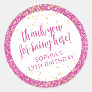 Sticker Rond Parties scintillant rose Merci Anniversaire Favori