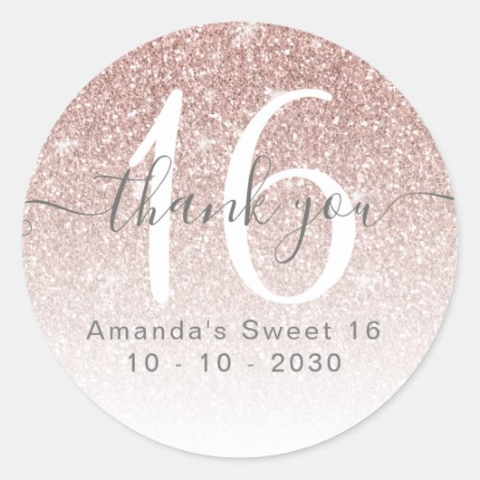 Sticker Rond Parties scintillant rose or Sweet 16 Party Favor M (Devant)