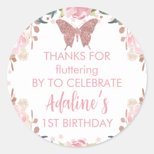 Sticker Rond Parties scintillant rose papillon Anniversaire (Devant)