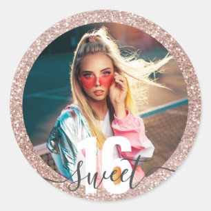 Sticker Rond Parties scintillant rose photo Moderne Sweet 16 An