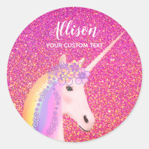 Sticker Rond Parties scintillant rose Unicorne personnalisée