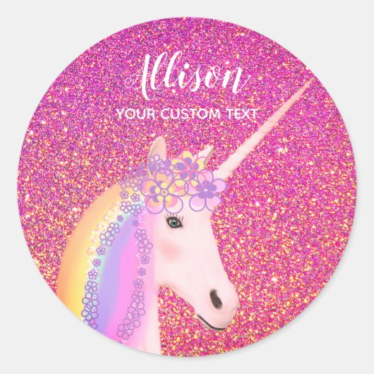 Sticker Rond Parties scintillant rose Unicorne personnalisée (Devant)