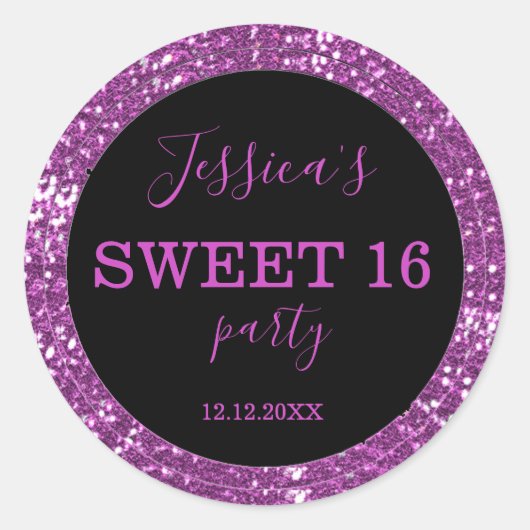 Sticker Rond Parties scintillant sweet sixteen Noir Et Rose (Devant)