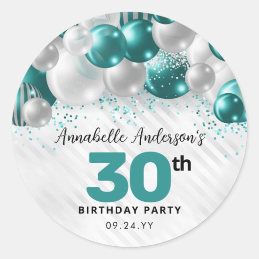 Sticker Rond Parties scintillant turquoise de ballon d'argent v (Devant)
