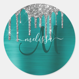 Sticker Rond Parties scintillant Turquoise de goutte brosse Mon