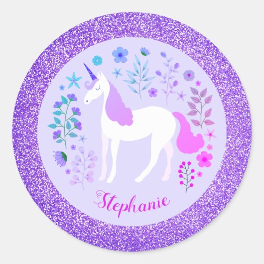 Sticker Rond Parties scintillant Unicorne rose violet personnal (Devant)