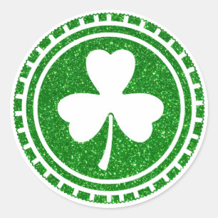 Sticker Rond Parties scintillant verte Shamrock Chip St Patrick