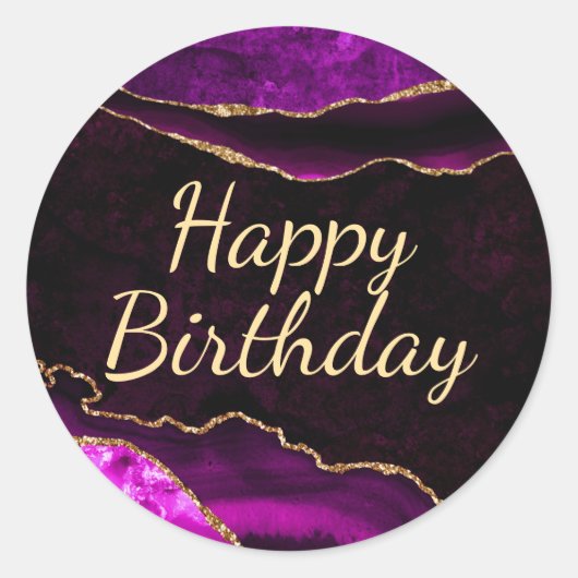 Sticker Rond Parties scintillant violet et or Agate Joyeux anni (Devant)