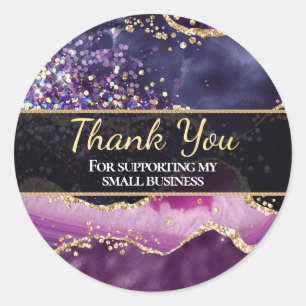 Sticker Rond Parties scintillant violet et or Agate Merci