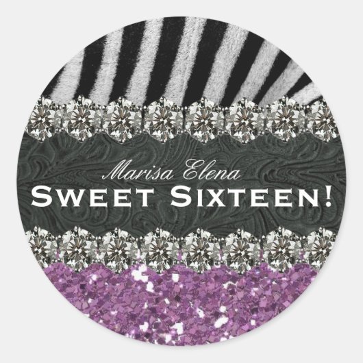 Sticker Rond Parties scintillant violet Faux Zebra Sweet sixtee (Devant)