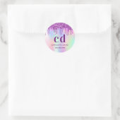 Sticker Rond Parties scintillant violet goutte rose nom hologra (Sac)