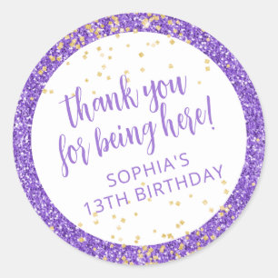 Sticker Rond Parties scintillant violette Confetti Merci Annive