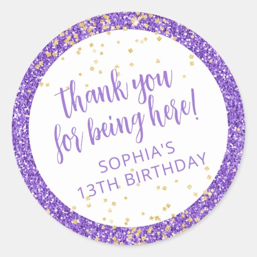 Sticker Rond Parties scintillant violette Confetti Merci Annive (Devant)
