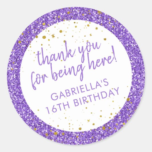 Sticker Rond Parties scintillant violette Confetti Merci Annive (Devant)