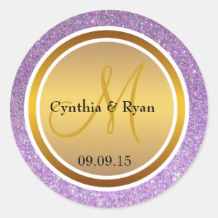 Sticker Rond Parties scintillant violette et Mariage d'or métal