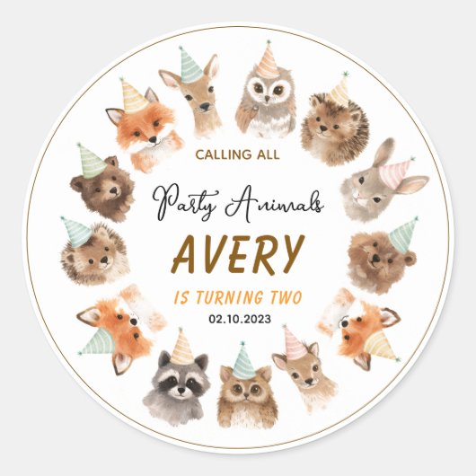 Sticker Rond Party Animals 2nd Birthday | Cute Jungle Animal (Devant)