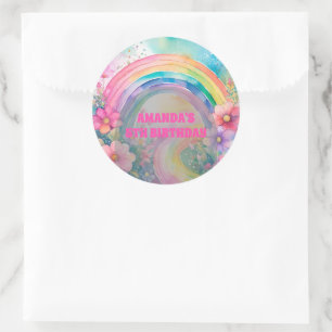 Sticker Rond Pastel Arc-en-ciel Fleurs Rétro Anniversaire