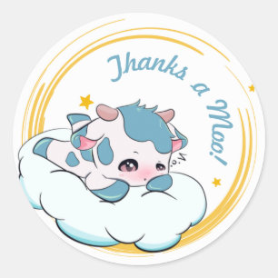 Sticker Rond Pastel Bleu Bébé Vache Blanc Nuage Élégant Merci