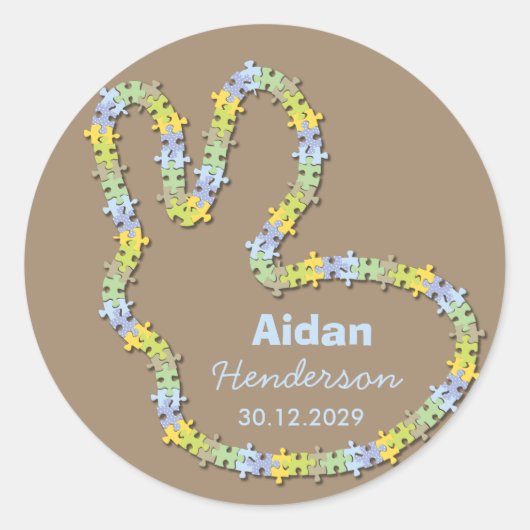 Sticker Rond Pastel Blue Jigsaw Bunny Cute Boy Baby shower (Devant)