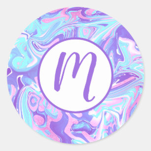 Sticker Rond Pastel Blue & Purple Marble Texture liquide