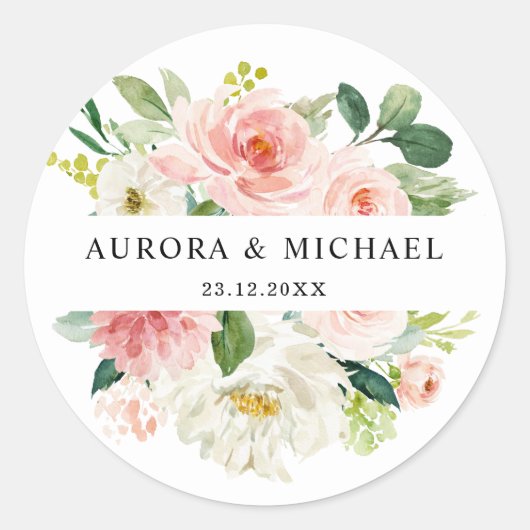 Sticker Rond Pastel Blush Joli Mariage floral rose (Devant)