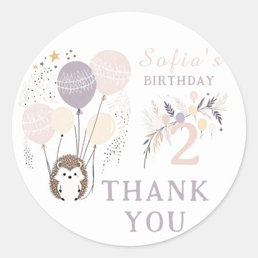 Sticker Rond Pastel Boho Hedgehog et Balloons Anniversaire (Devant)