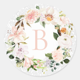 Sticker Rond Pastel Botanique Dentelle Florale Monogramme