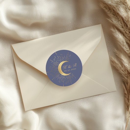 Sticker Rond Pastel Celestial Gold Moon Mariage Classic Round