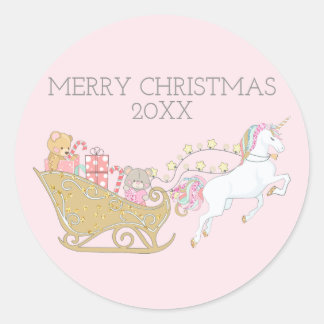 Sticker Rond Pastel Christmas Unicorne Père Noël rose doré