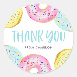 Sticker Rond Pastel Coloré Saupoudrer Donuts Anniversaire Merci