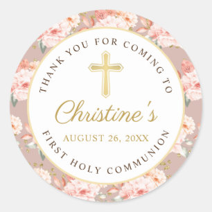 Sticker Rond Pastel Coral Floral Gold Cross 1ère Sainte Communi