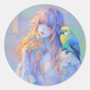 Sticker Rond Pastel Dreamy Animal Parrot Pirate Anime Girl
