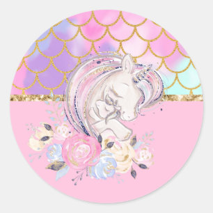 Sticker Rond Pastel Gold Parties scintillant Unicorne et bébé a