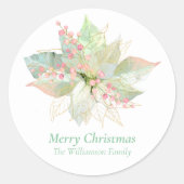 Sticker Rond Pastel Joyeux Noël Rose Sage Poinsettia Or (Devant)