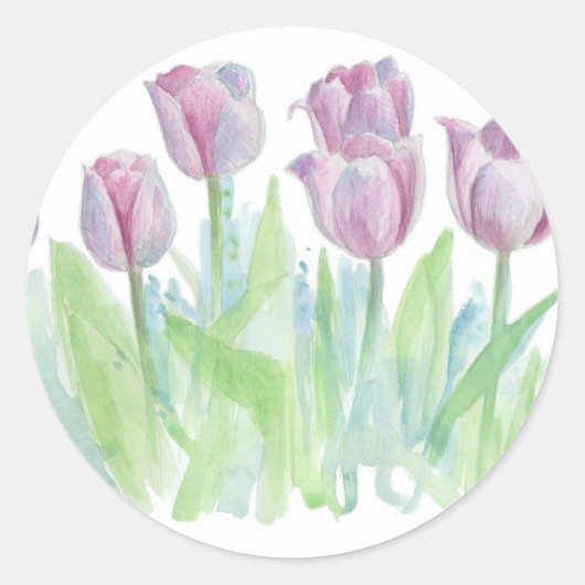 Sticker Rond Pastel Lavender Tulips Fleur Aquarelle Art (Devant)