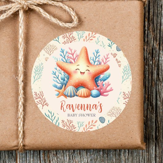 Sticker Rond Pastel Ocean Starfish Custom Name Baby Shower