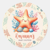 Sticker Rond Pastel Ocean Starfish Custom Name Baby Shower (Devant)