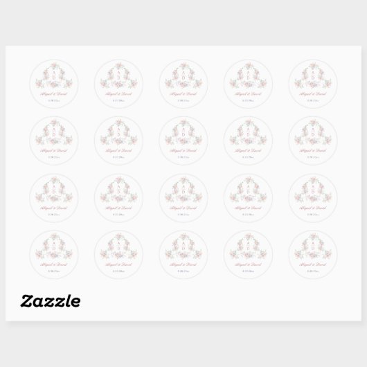 Sticker Rond Pastel Peonies Cadre Mariage Monogrammes (Feuille)