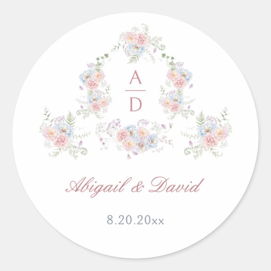 Sticker Rond Pastel Peonies Cadre Mariage Monogrammes (Devant)
