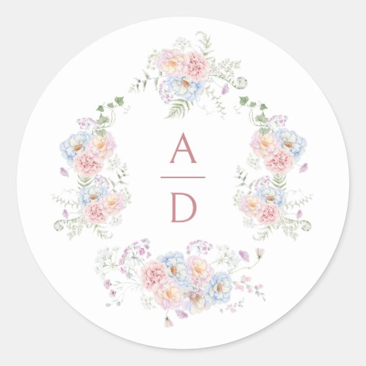 Sticker Rond Pastel Peonies Cadre Mariage Monogrammes (Devant)