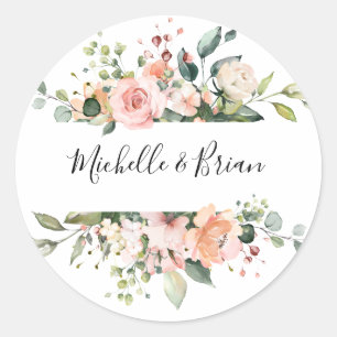 Sticker Rond Pastel Pink Blush Rose Floral Mariage botanique