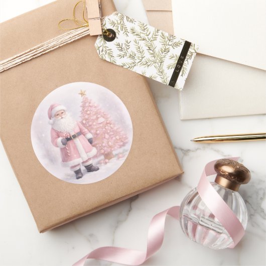 Sticker Rond Pastel Pink Christmas Santa  (Cadeaux)