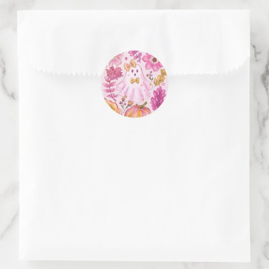 Sticker Rond Pastel Pink Halloween Ghost with Flowers and Pumpk (Sac)