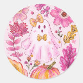 Sticker Rond Pastel Pink Halloween Ghost with Flowers and Pumpk (Devant)